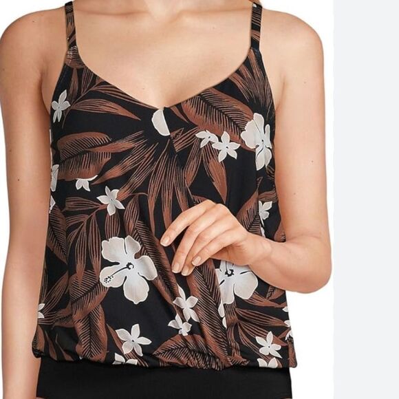 Land's End one piece swimsuit slender suit fabric fauxkini black floral palm 14 - Picture 7 of 7